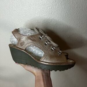 Fly London Yuta Wedge Sandals Open Toe Lace-Up Rose Gold Metallic 2.5" Heel 40